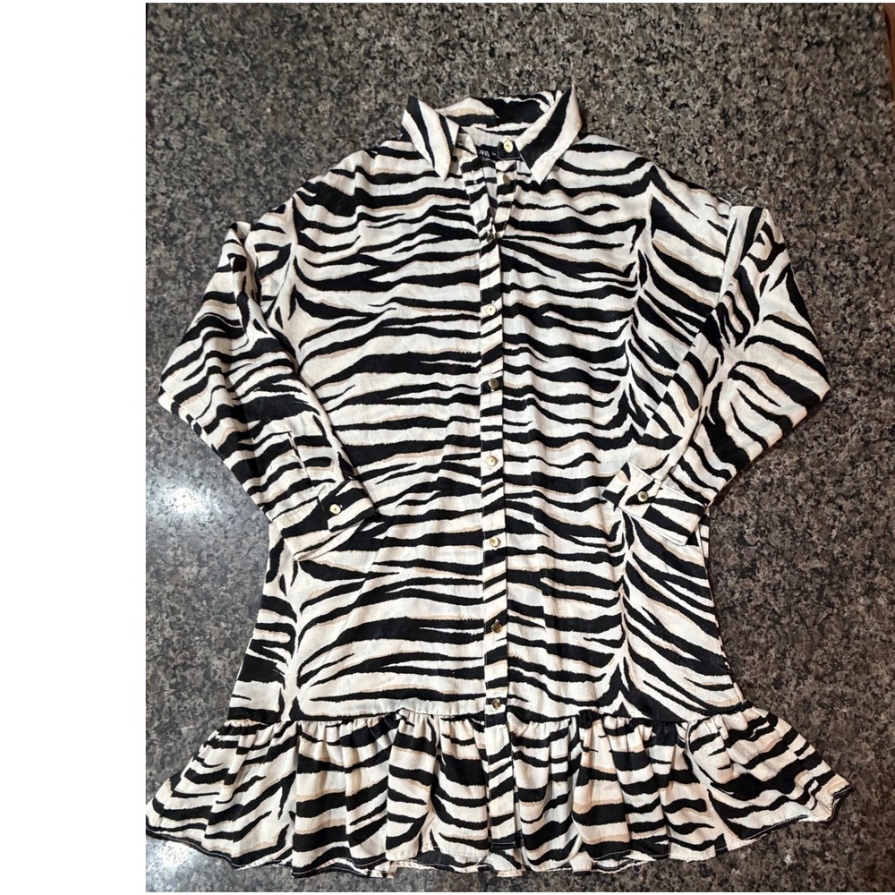 Zara Zebra Print Mini Shirt Dress Gold Buttons Ruffle Hem Small Black White Tan